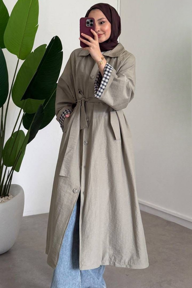 Weak Blue Bej Uzun Trenç Tunik Kadın Kemerli Düğmeli Tesettür Giyim Şık Günlük Model