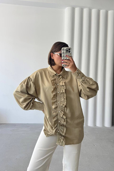 Weak Blue Fırfırlı Kadın Gömlek Oversize Salaş Kesim Uzun Kollu Modern Şık Tasarım