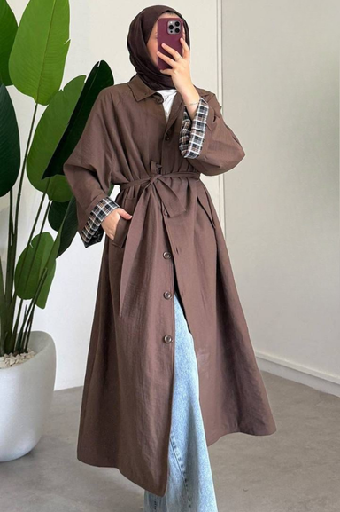 Weak Blue Kuşaklı Uzun Kap Kadın Trençkot Düğmeli Oversize Rahat Kesim Şık Tasarım