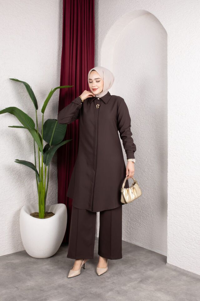 Tesettür Kadın Tunig Pantolon Büyük Beden Şık Takım - Kahverengi