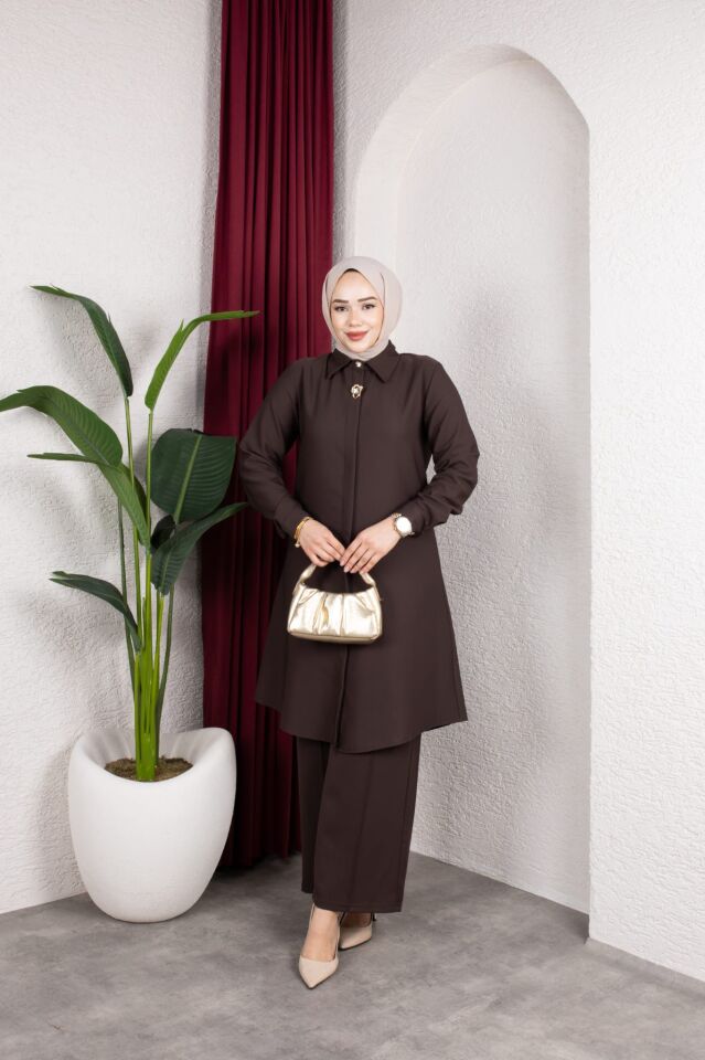 Tesettür Kadın Tunig Pantolon Büyük Beden Şık Takım - Kahverengi