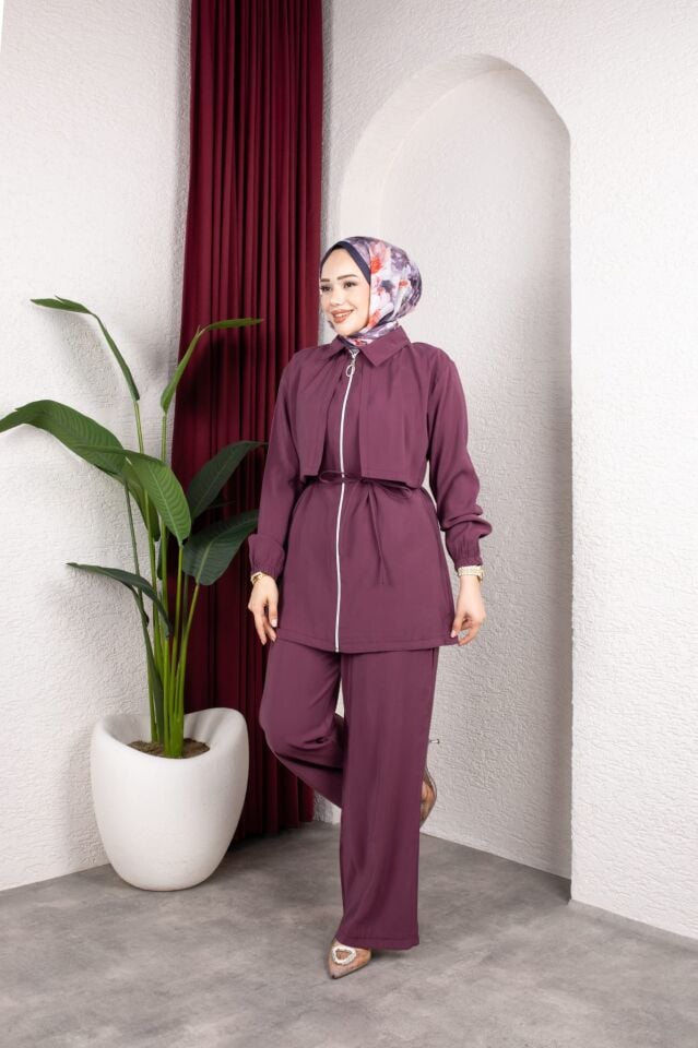 Kadın Tesettür Takım Çift Kat Görünümlü Fermuarlı Tunik Bol Paça Pantolon Modal Kumaş İkili Takım