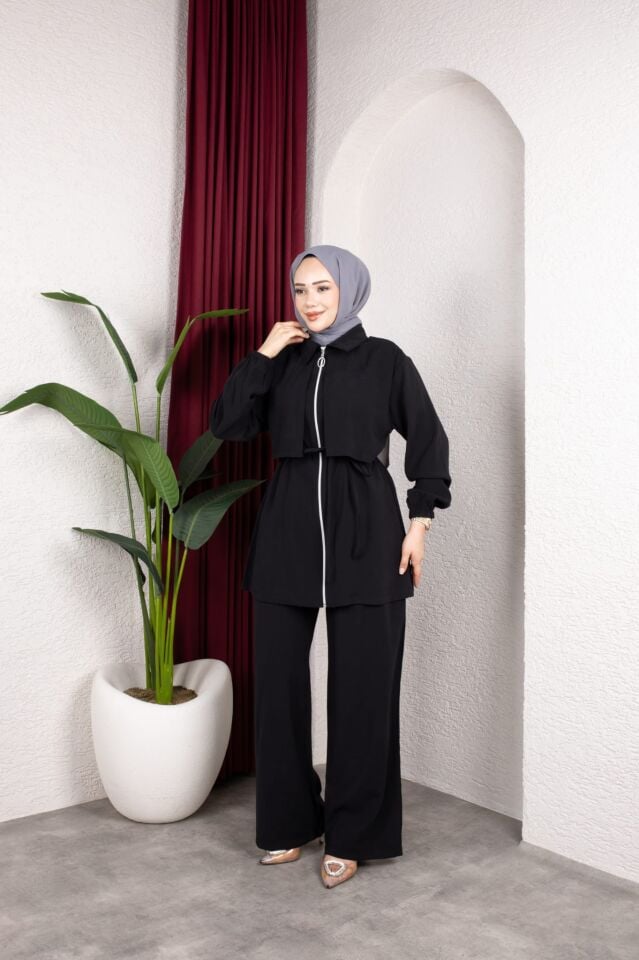Kadın Tesettür Takım Çift Kat Görünümlü Fermuarlı Tunik Bol Paça Pantolon Modal Kumaş İkili Takım