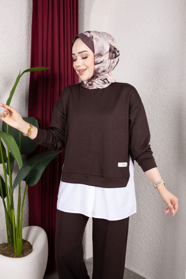 Kadın Kahverengi İkili Takım Oversize Sweatshirt Bol Paça Pantolon