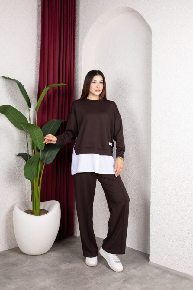 Kadın Kahverengi İkili Takım Oversize Sweatshirt Bol Paça Pantolon