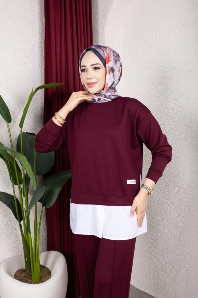 Kadın Bordo İkili Takım Oversize Sweatshirt Bol Paça Pantolon