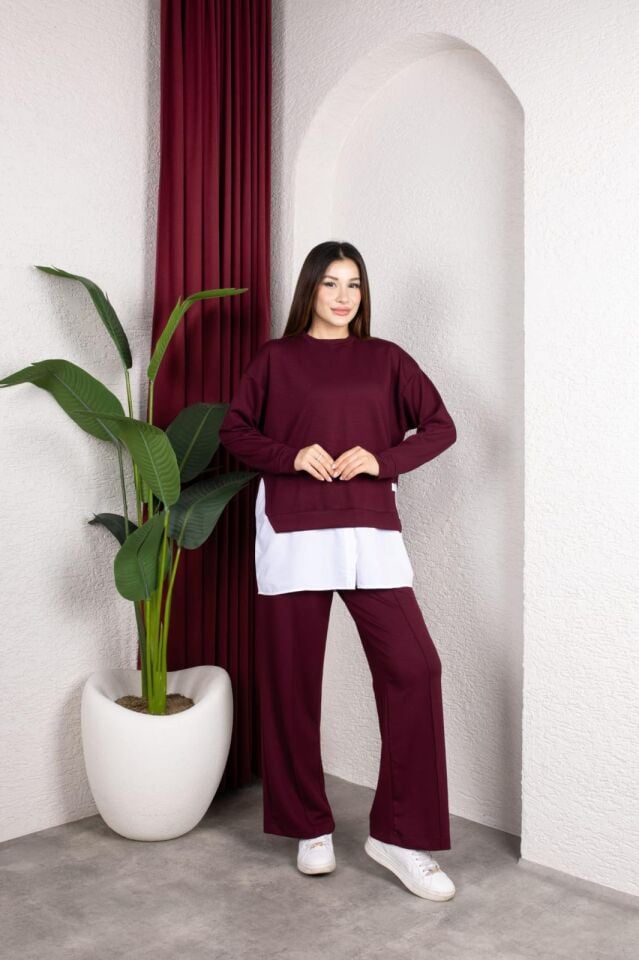 Kadın Bordo İkili Takım Oversize Sweatshirt Bol Paça Pantolon