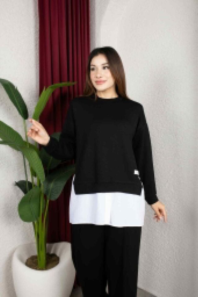 Kadın Siyah İkili Takım Oversize Sweatshirt Bol Paça Pantolon