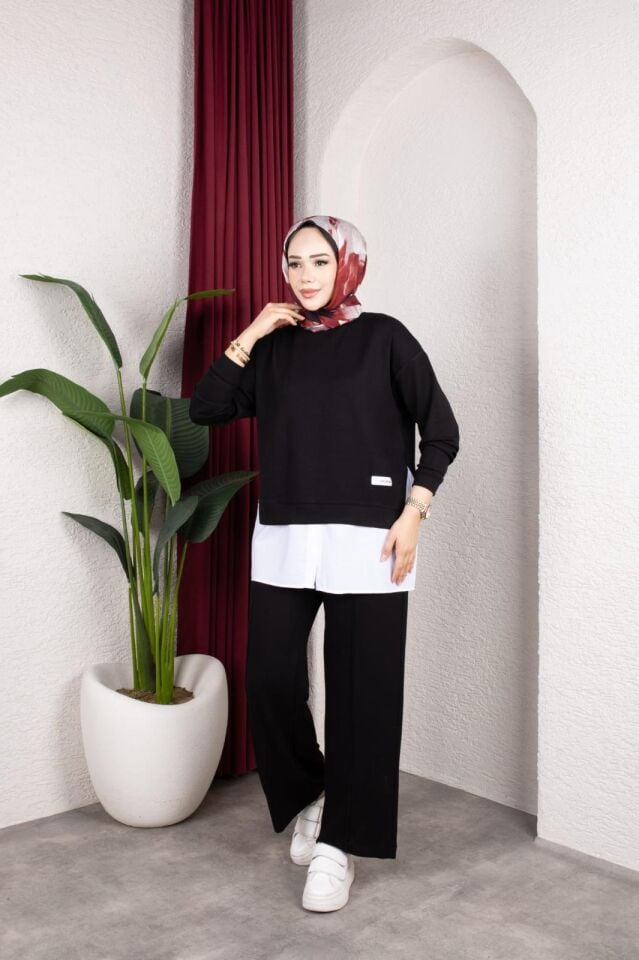 Kadın Siyah İkili Takım Oversize Sweatshirt Bol Paça Pantolon