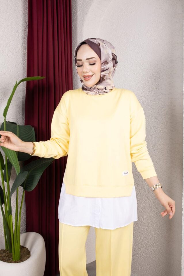 Kadın Sarı İkili Takım Oversize Sweatshirt Bol Paça Pantolon