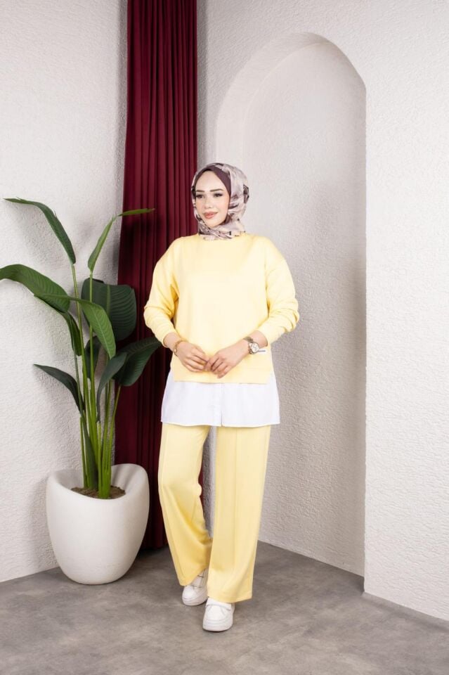 Kadın Sarı İkili Takım Oversize Sweatshirt Bol Paça Pantolon