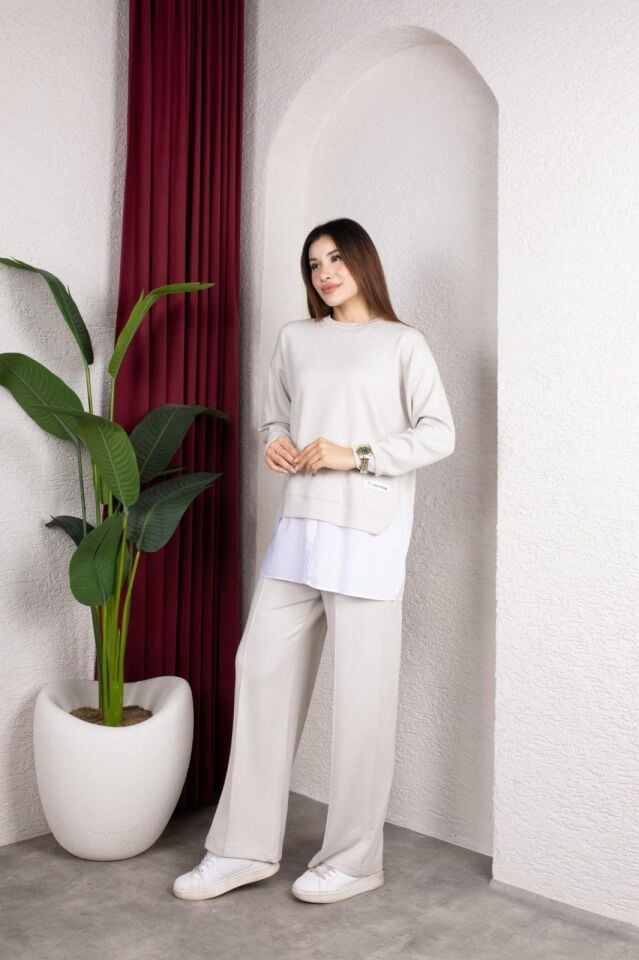 Kadın Ekru İkili Takım Oversize Sweatshirt Bol Paça Pantolon