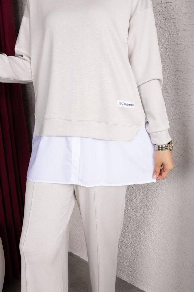 Kadın Ekru İkili Takım Oversize Sweatshirt Bol Paça Pantolon